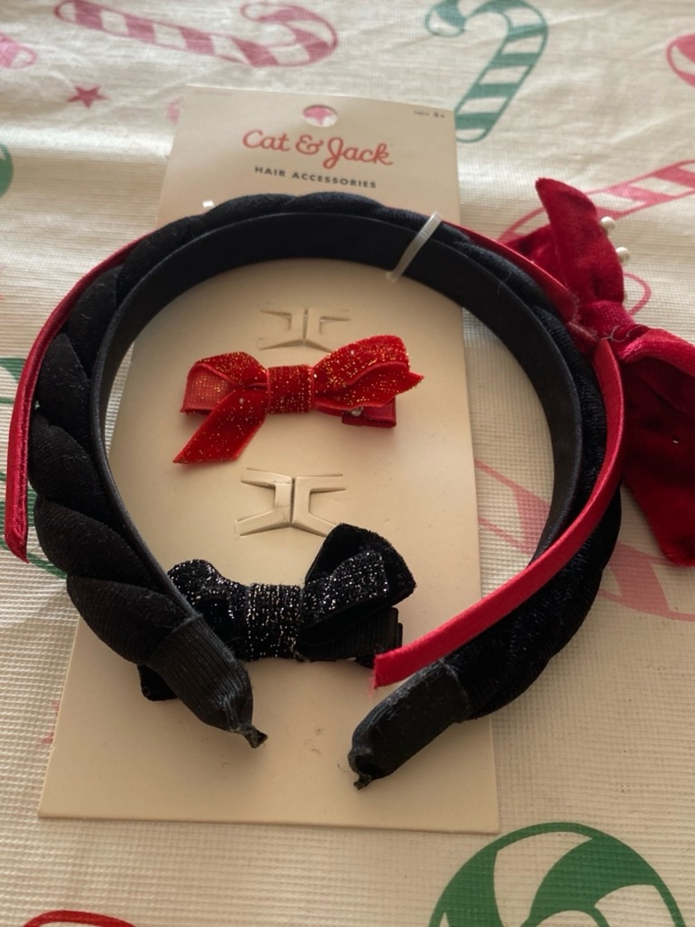 Cat & Jack Black Velvet Headbands with Red Glitter Bow Clips